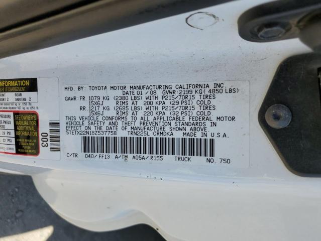 5TETX22N18Z537758 - 2008 TOYOTA TACOMA ACCESS CAB თეთრი ფოტო 13