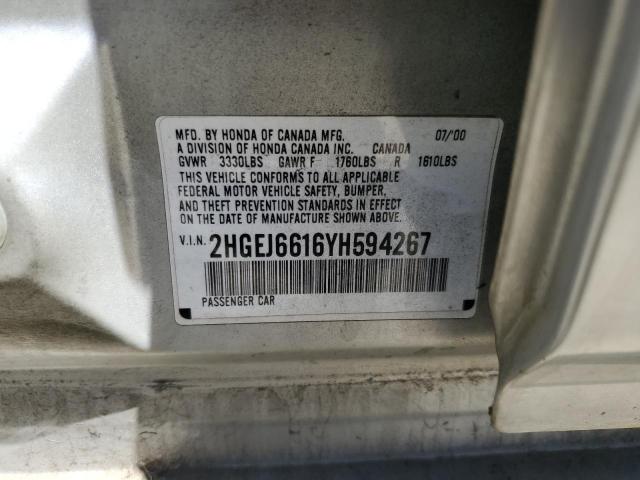 2HGEJ6616YH594267 - 2000 HONDA CIVIC BASE 银色 照片 12