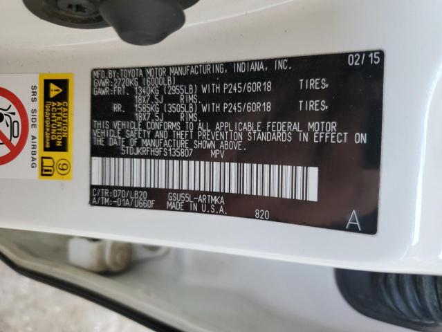 5TDJKRFH9FS135807 - 2015 TOYOTA HIGHLANDER XLE WHITE photo 13