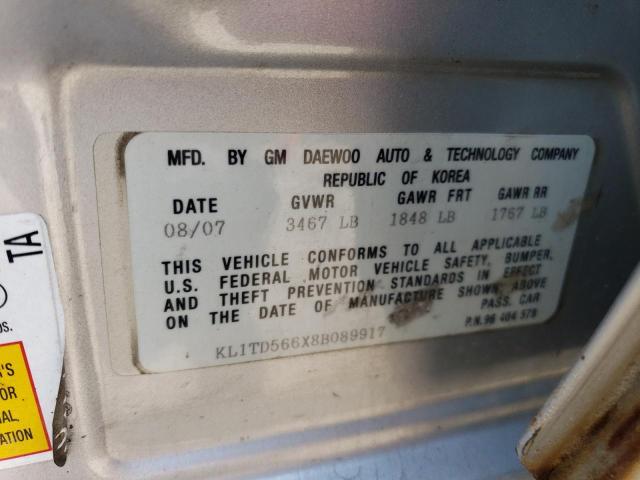 KL1TD566X8B089917 - 2008 CHEVROLET AVEO BASE SILVER photo 12