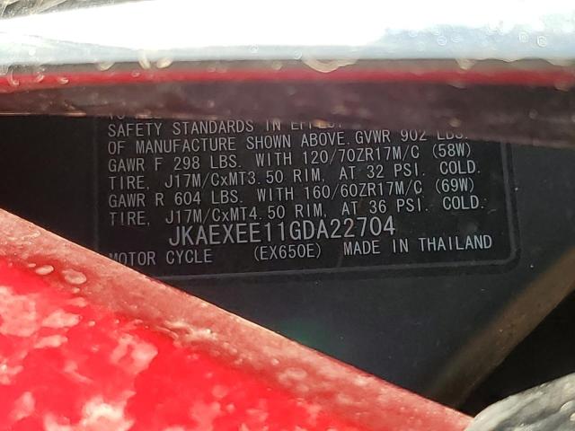 JKAEXEE11GDA22704 - 2016 KAWASAKI EX650 E RED photo 10