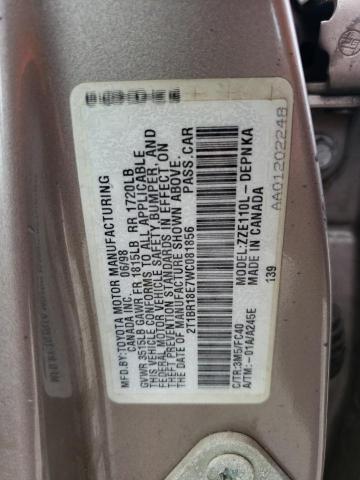 2T1BR18E7WC081856 - 1998 TOYOTA COROLLA VE BEIGE photo 12