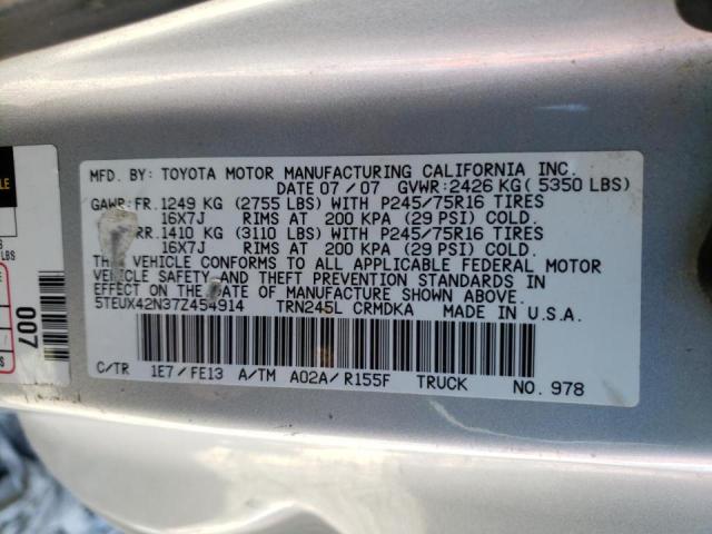 5TEUX42N37Z454914 - 2007 TOYOTA TACOMA ACCESS CAB Күміс фото 10