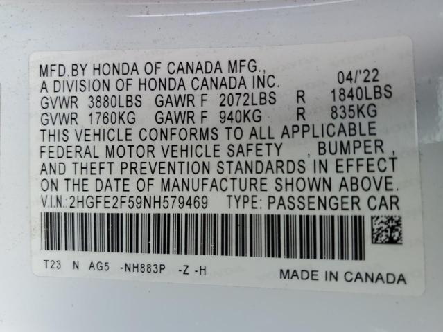 2HGFE2F59NH579469 - 2022 HONDA CIVIC SPORT 白色 照片 12