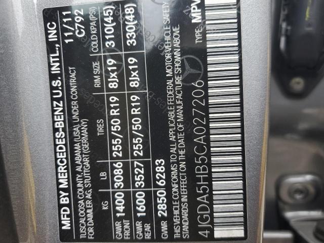 4JGDA5HB5CA027206 - 2012 MERCEDES-BENZ ML 350 4MATIC SILVER photo 13