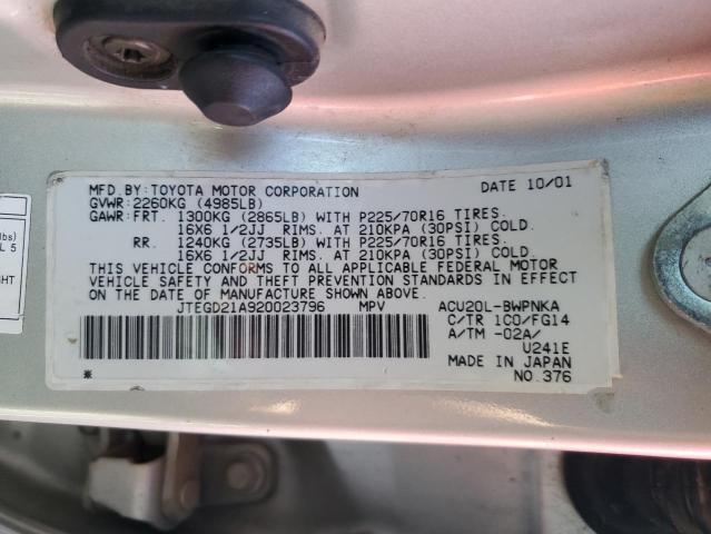 JTEGD21A920023796 - 2002 TOYOTA HIGHLANDER SILVER photo 14