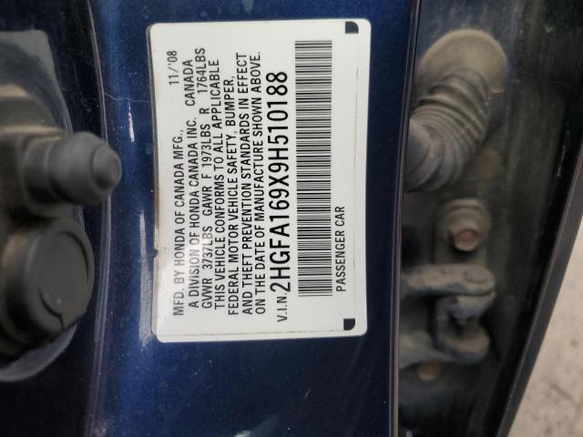 2HGFA169X9H510188 - 2009 HONDA CIVIC EXL BLUE photo 12