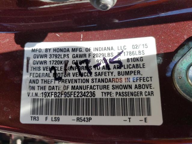 19XFB2F95FE234236 - 2015 HONDA CIVIC EXL ბურგუნდია ფოტო 12