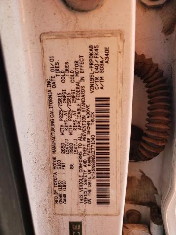 5TEGN92N91Z771040 - 2001 TOYOTA TACOMA DOUBLE CAB PRERUNNER WHITE photo 12