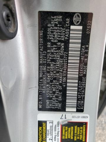 4T1BK1EB4DU025772 - 2013 TOYOTA AVALON BASE 银色 照片 12