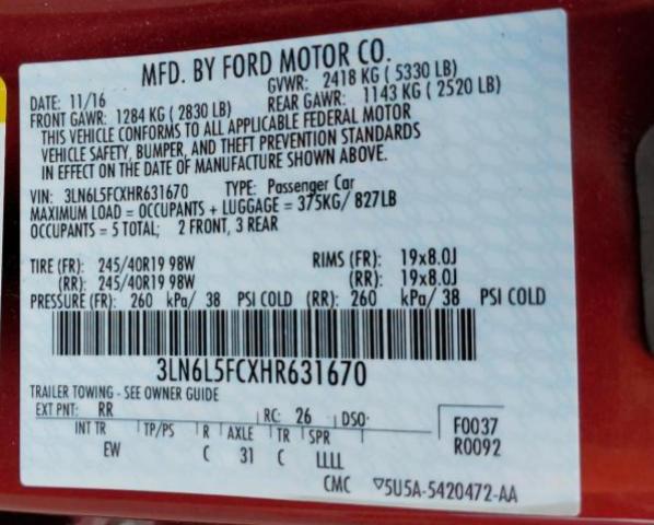 3LN6L5FCXHR631670 - 2017 LINCOLN MKZ RESERVE წითელი ფოტო 12