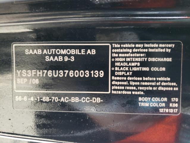 YS3FH76U376003139 - 2007 SAAB 9-3 AERO BLACK photo 12