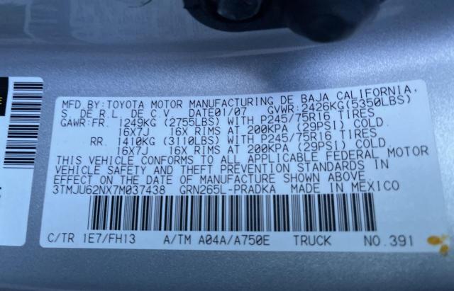 3TMJU62NX7M037438 - 2007 TOYOTA TACOMA DOUBLE CAB PRERUNNER SILVER photo 10