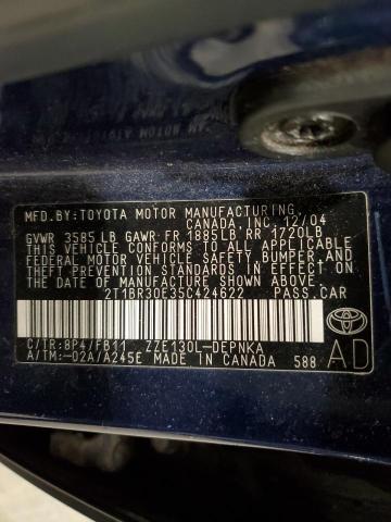 2T1BR30E35C424622 - 2005 TOYOTA COROLLA CE BLUE photo 12