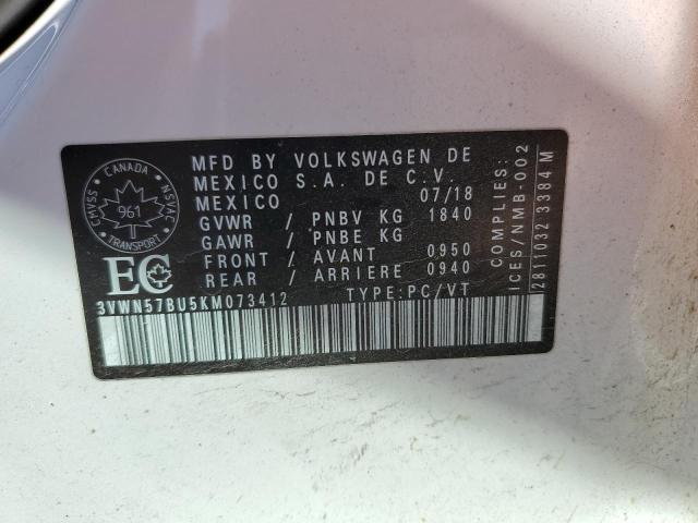 3VWN57BU5KM073412 - 2019 VOLKSWAGEN JETTA S თეთრი ფოტო 12