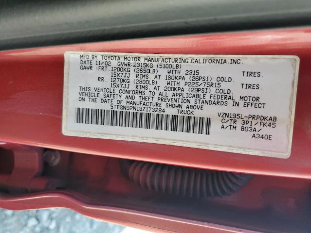 5TEGN92N13Z173284 - 2003 TOYOTA TACOMA DOUBLE CAB PRERUNNER RED photo 12