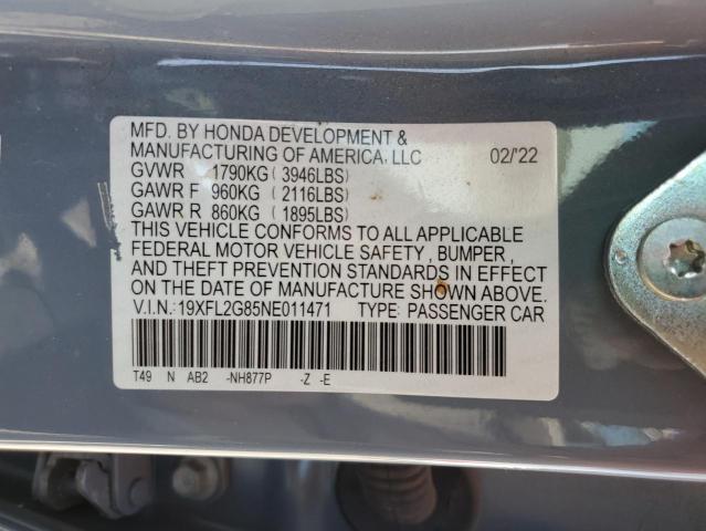 19XFL2G85NE011471 - 2022 HONDA CIVIC SPORT GRAY photo 12