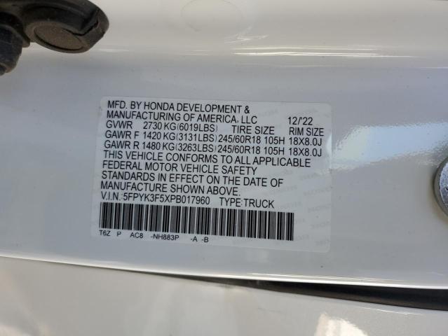 5FPYK3F5XPB017960 - 2023 HONDA RIDGELINE RTL WHITE photo 13