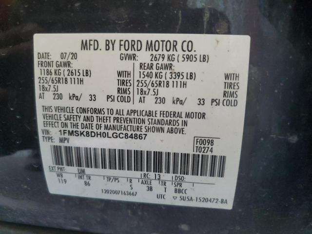 1FMSK8DH0LGC84867 - 2020 FORD EXPLORER XLT BLACK photo 14