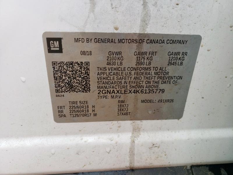 2GNAXLEX4K6135779 - 2019 CHEVROLET EQUINOX LT WHITE photo 13
