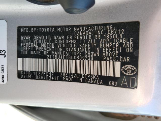 2T1BU4EE6CC899739 - 2012 TOYOTA COROLLA BASE SILVER photo 12