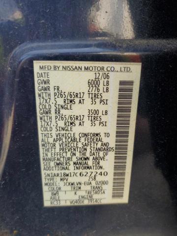 5N1AR18W17C627240 - 2007 NISSAN PATHFINDER LE BLUE photo 12