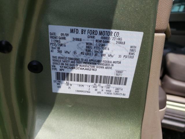 1FMCU5K37AKA62163 - 2010 FORD ESCAPE HYBRID GREEN photo 13