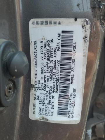 1NXBR32E14Z235722 - 2004 TOYOTA COROLLA CE CHARCOAL photo 12