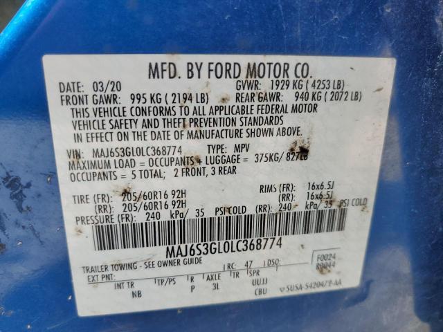 MAJ6S3GL0LC368774 - 2020 FORD ECOSPORT SE ლურჯი ფოტო 13