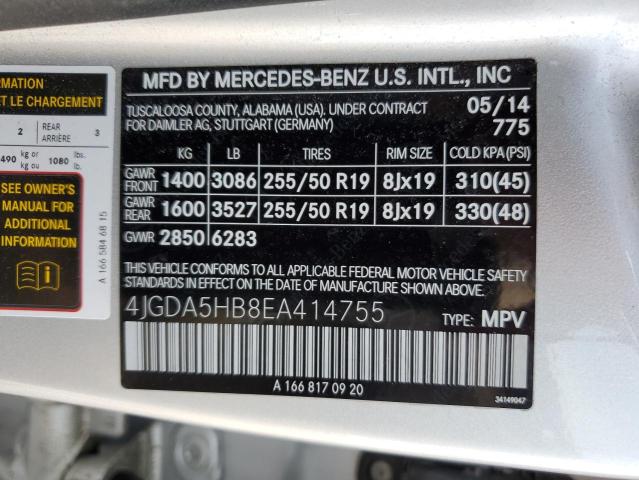 4JGDA5HB8EA414755 - 2014 MERCEDES-BENZ ML 350 4MATIC SILVER photo 13