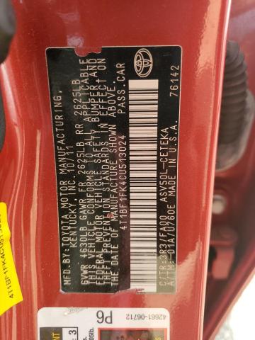4T1BF1FK4CU513024 - 2012 TOYOTA CAMRY BASE RED photo 12