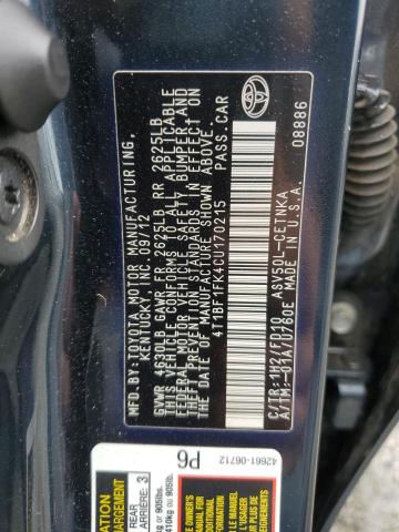 4T1BF1FK4CU170215 - 2012 TOYOTA CAMRY BASE BLACK photo 12