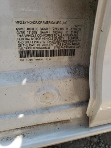 19UDE2F39KA001338 - 2019 ACURA ILX WHITE photo 12