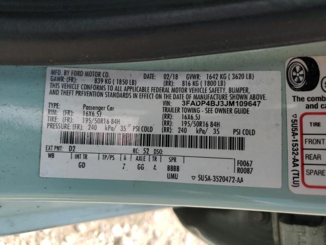 3FADP4BJ3JM109647 - 2018 FORD FIESTA SE TURQUOISE photo 12