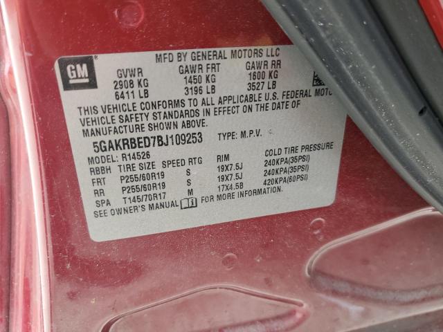 5GAKRBED7BJ109253 - 2011 BUICK ENCLAVE CXL RED photo 13