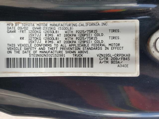 5TESN92N33Z152981 - 2003 TOYOTA TACOMA XTRACAB PRERUNNER შავი ფოტო 12