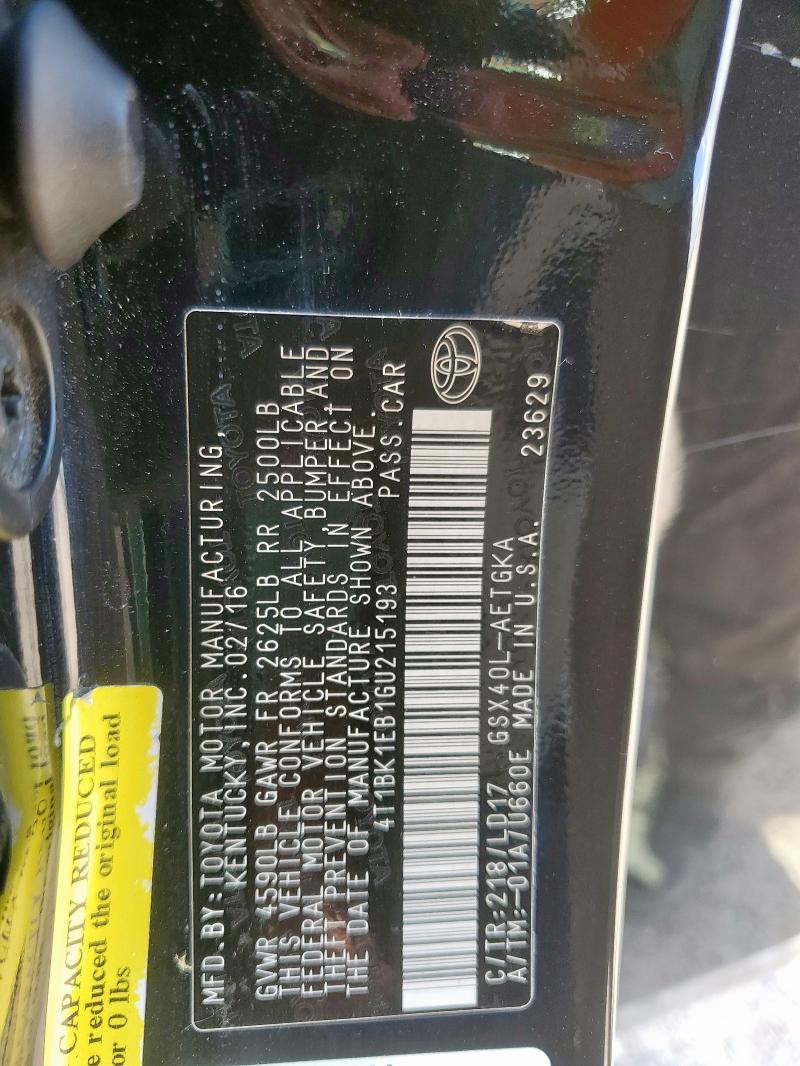 4T1BK1EB1GU215193 - 2016 TOYOTA AVALON XLE შავი ფოტო 12