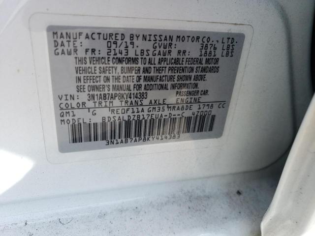 3N1AB7AP8KY414383 - 2019 NISSAN SENTRA S WHITE photo 12