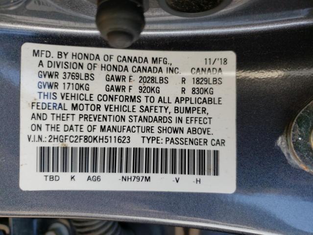 2HGFC2F80KH511623 - 2019 HONDA CIVIC SPORT GRAY photo 12