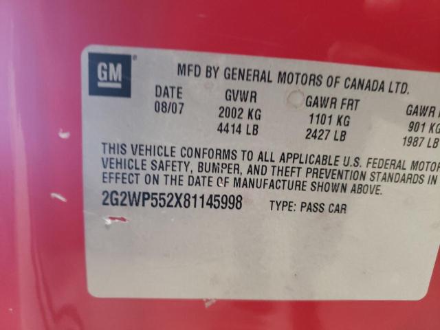 2G2WP552X81145998 - 2008 PONTIAC GRAND PRIX 红色 照片 12