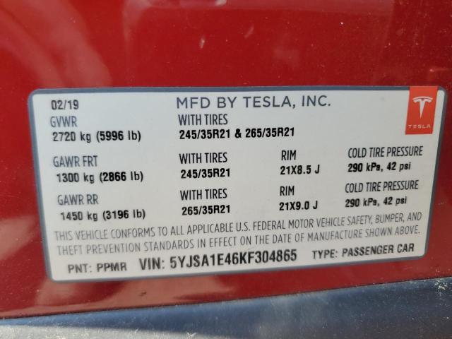 5YJSA1E46KF304865 - 2019 TESLA MODEL S 红色 照片 12