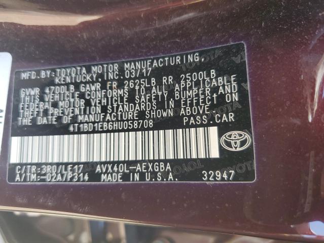 4T1BD1EB6HU058708 - 2017 TOYOTA AVALON HYBRID BURGUNDY photo 12