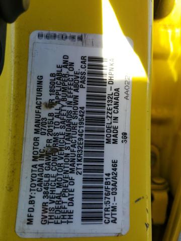 2T1KR32E94C195424 - 2004 TOYOTA COROLLA MA XR YELLOW photo 12