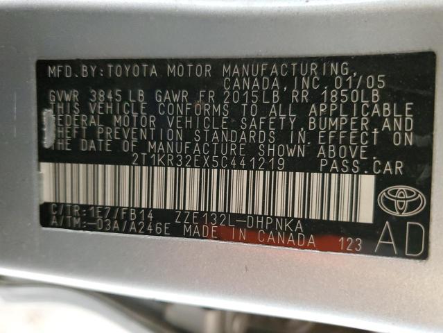 2T1KR32EX5C441219 - 2005 TOYOTA COROLLA MA XR SILVER photo 12