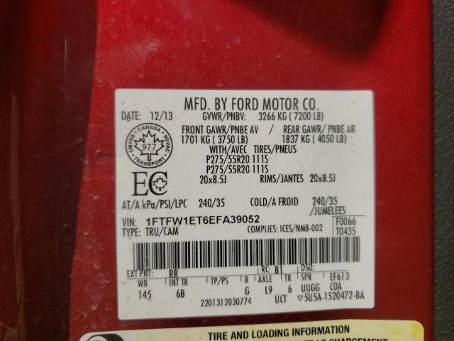 1FTFW1ET6EFA39052 - 2014 FORD F150 SUPERCREW RED photo 10