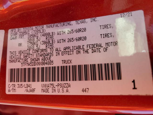 5TFMA5DBXNX004885 - 2022 TOYOTA TUNDRA CREWMAX PLATINUM წითელი ფოტო 12