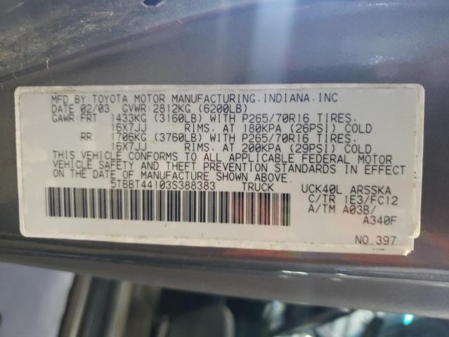 5TBBT44103S388383 - 2003 TOYOTA TUNDRA ACCESS CAB SR5 GRAY photo 12