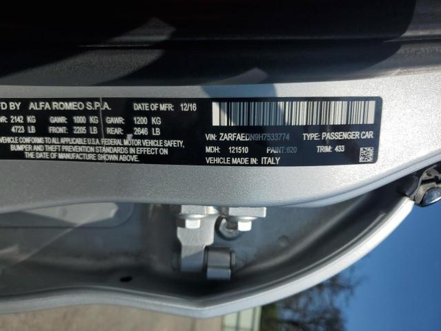 ZARFAEDN9H7533774 - 2017 ALFA ROMEO GIULIA Q4 银色 照片 12