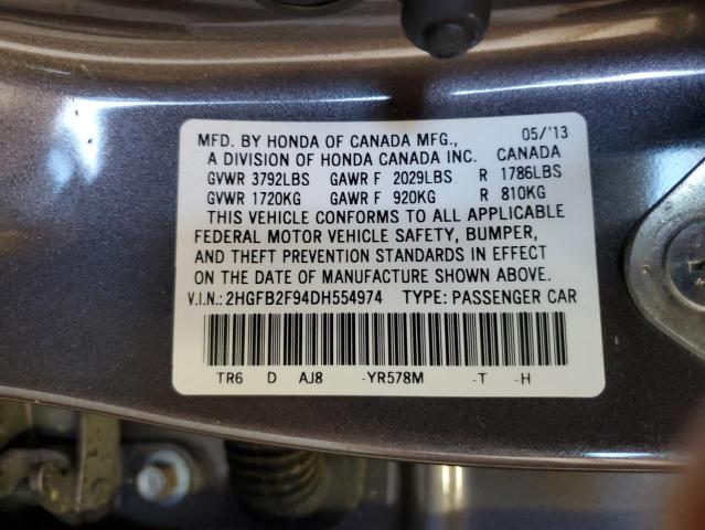 2HGFB2F94DH554974 - 2013 HONDA CIVIC EXL GRAY photo 12