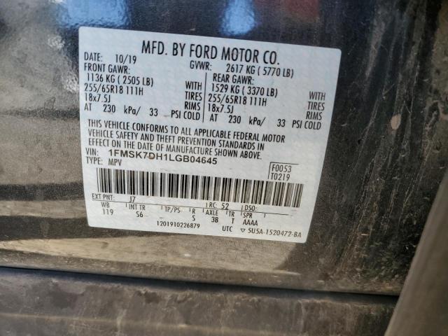 1FMSK7DH1LGB04645 - 2020 FORD EXPLORER XLT GRAY photo 13